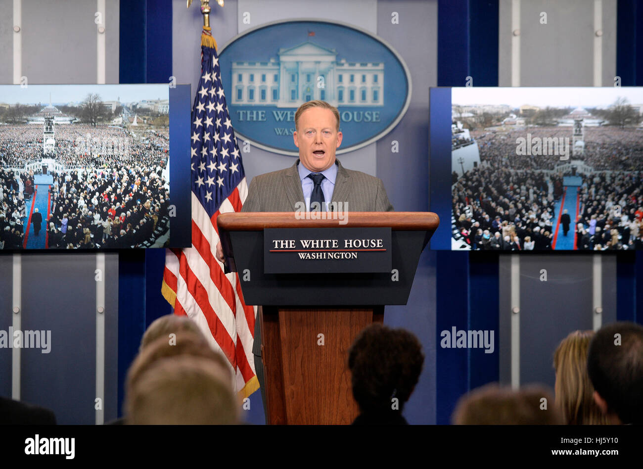 Washington DC, USA. 21st January, 2017. White House press secretary Sean Spicer delivers angry remarks as he speaks in the press briefing room January 21, 2017 in Washington, DC. Spicer was upset over what what he considers to be inaccurate and unfair press coverage over the past 48 hours. Credit: Olivier Douliery/Pool via CNP /MediaPunch Credit: MediaPunch Inc/Alamy Live News Stock Photo