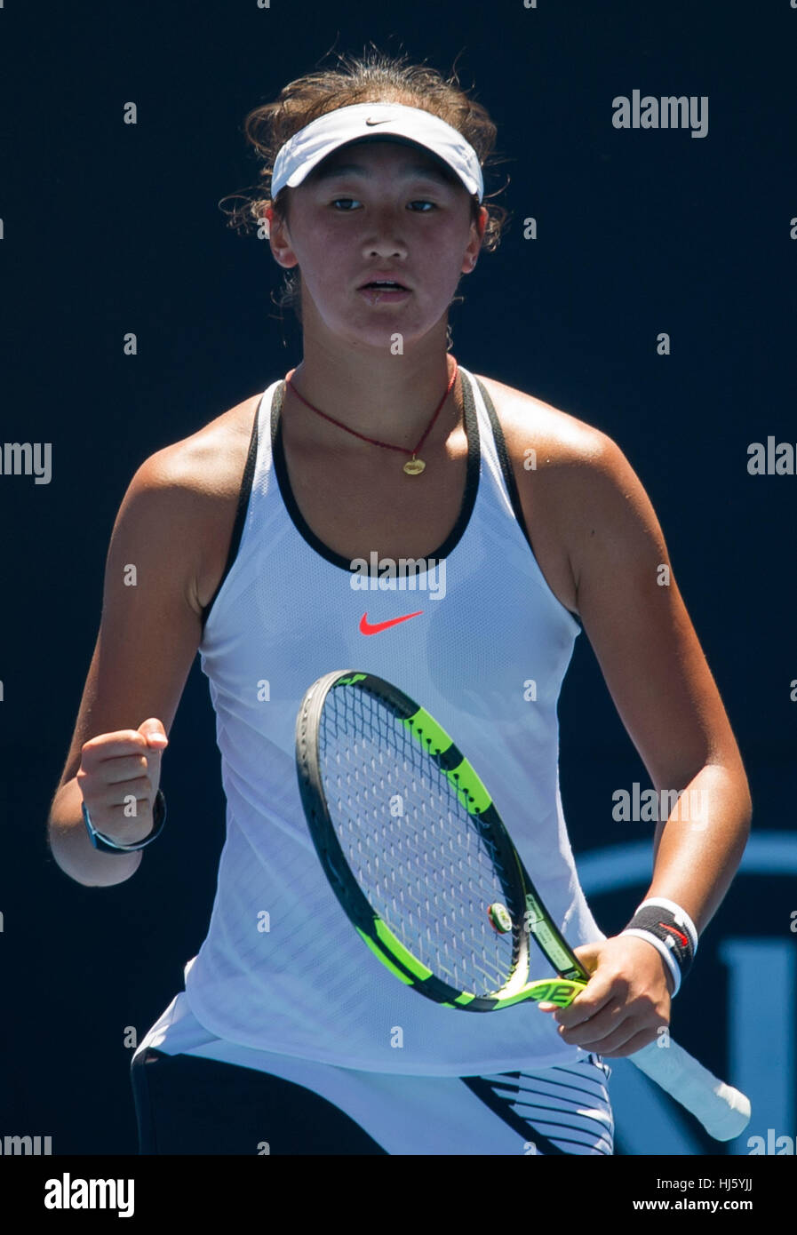 Melbourne, Australia. 22nd Jan, 2017. Wang Xiyu of China reacts during the  junior girls' singles first round match against Maja Chwalinska of Poland  at the Australian Open Tennis Championships in Melbourne, Australia,