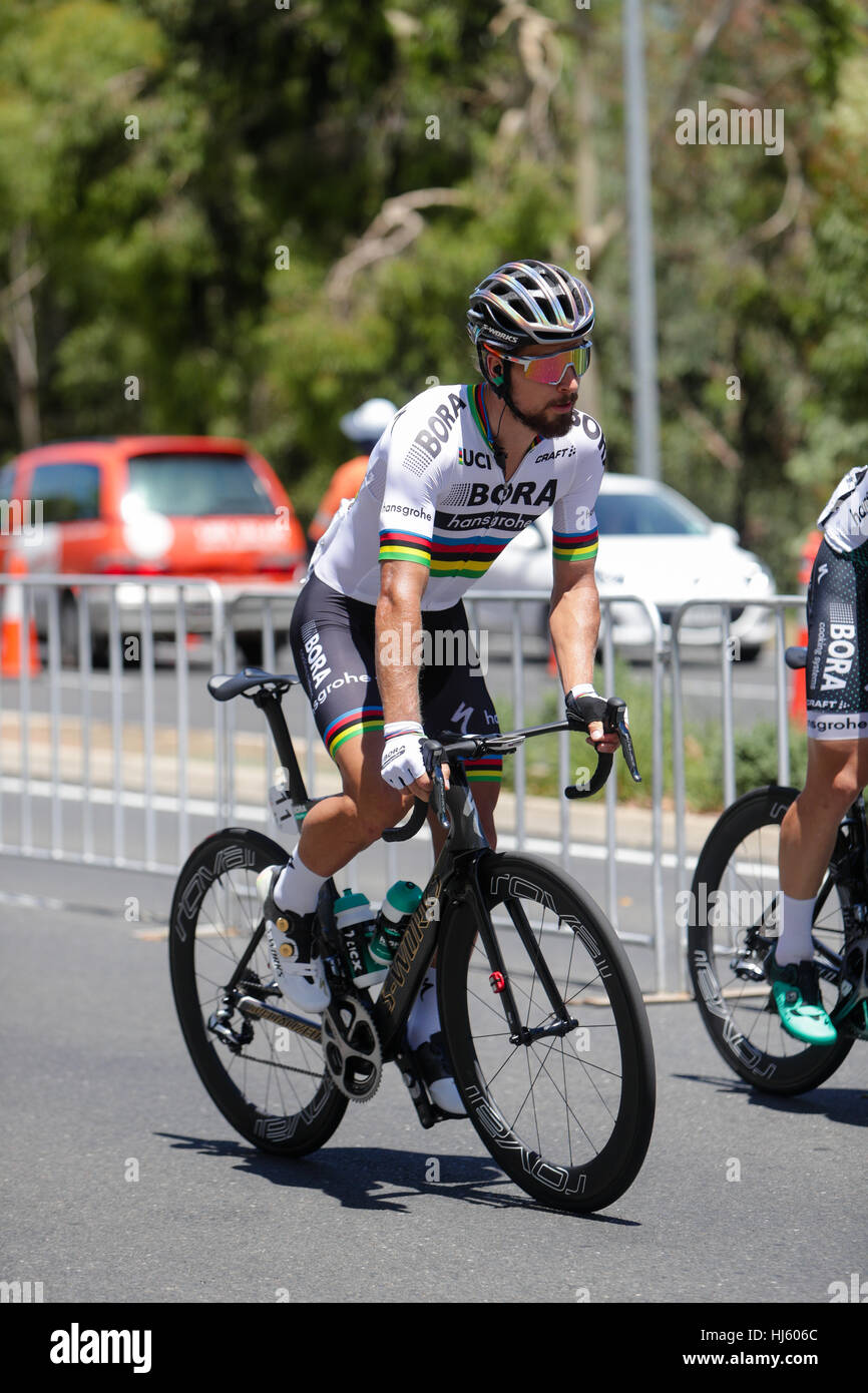 Adelaide, Australia. Be Safe Be Seen MAC Stage 6 City circuit, Santos Tour Down Under, 22 January 2017. Peter Sagan (Svk) of Bora-Hansgrohe a crowd favourite. Credit: Peter Mundy/Alamy Live News Stock Photo