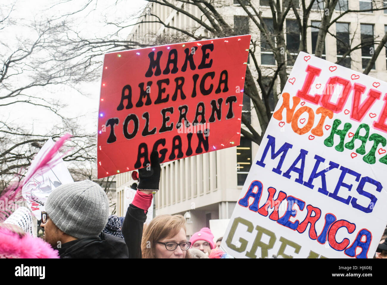 Washington DC, USA. 21st January, 2017. protest signs and protesters duting the largest single day demonstration in US history against the newly elected President, Donald Trump Credit: Clare Coe/Alamy Live News Stock Photo