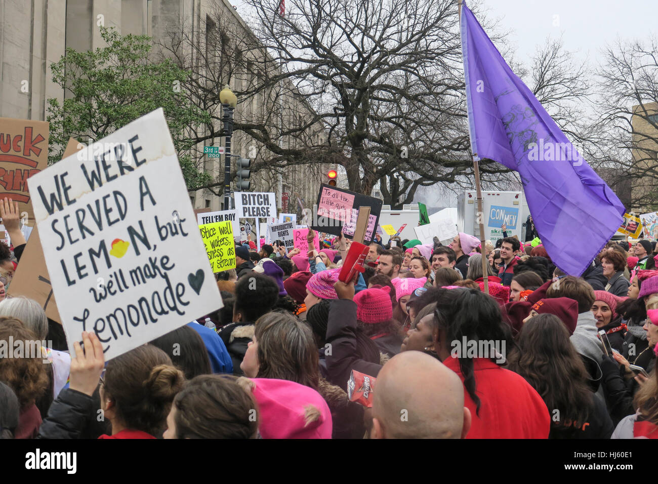 Women's march protesters in Washington, D.C. on January 21, 2017 Stock Photo
