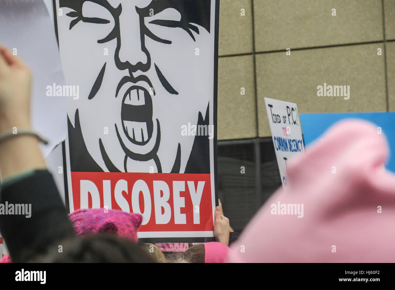 Women's march protesters in Washington, D.C. on January 21, 2017 Stock Photo