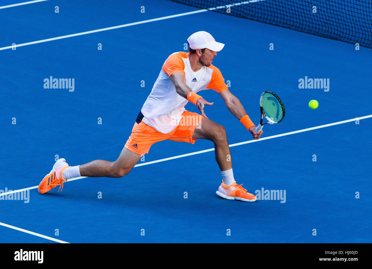 Mischa Zverev of Germany ousts world number one Andy Murray during the 2017 Tennis Australian Open at Melbourne Park Stock Photo