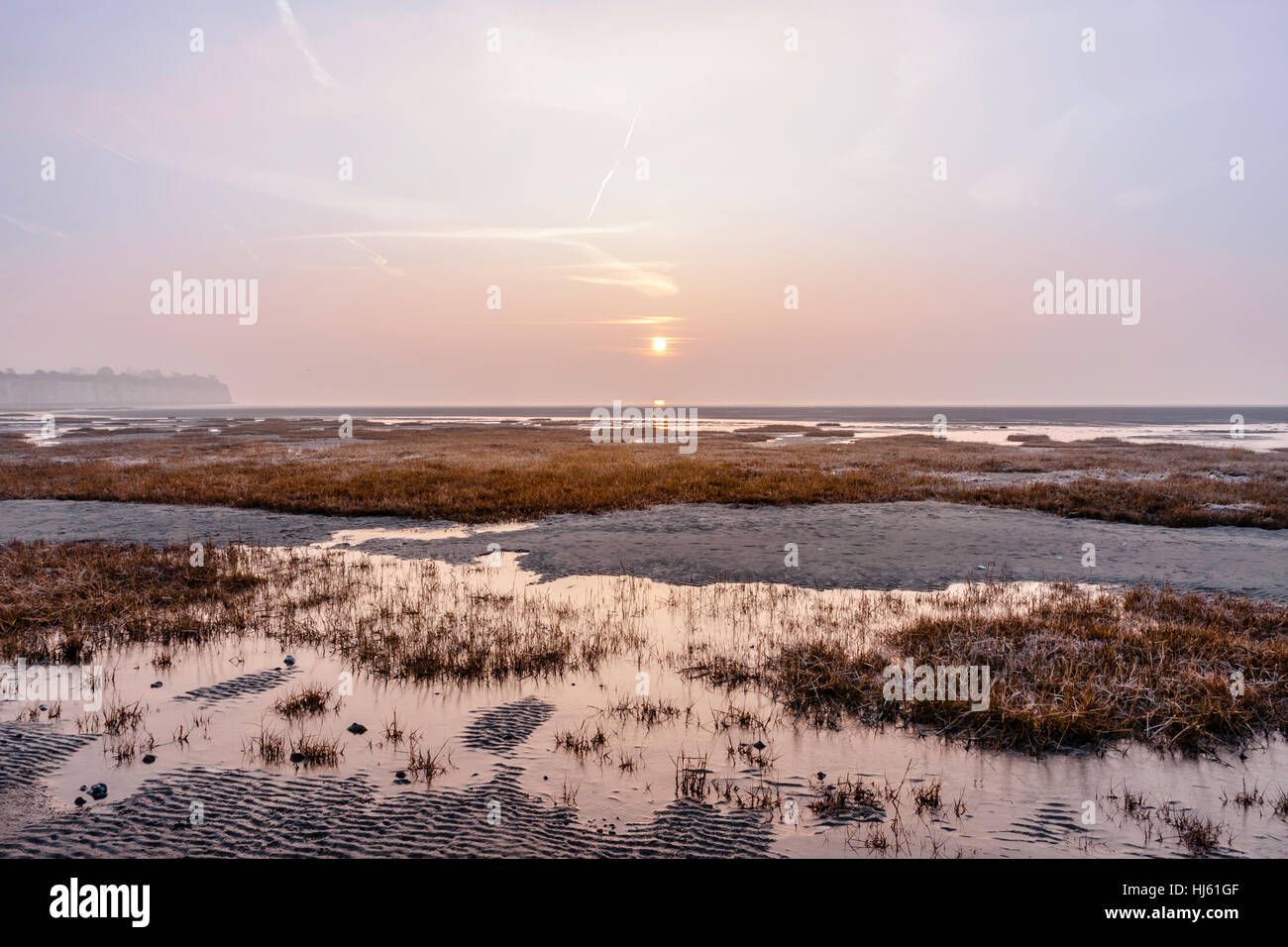 Sunrise over the English Channel at Pegwell Bay. Salt water marshes at low tide with many clumps of spartina grass growing in foreground. Hazy sky. Stock Photo