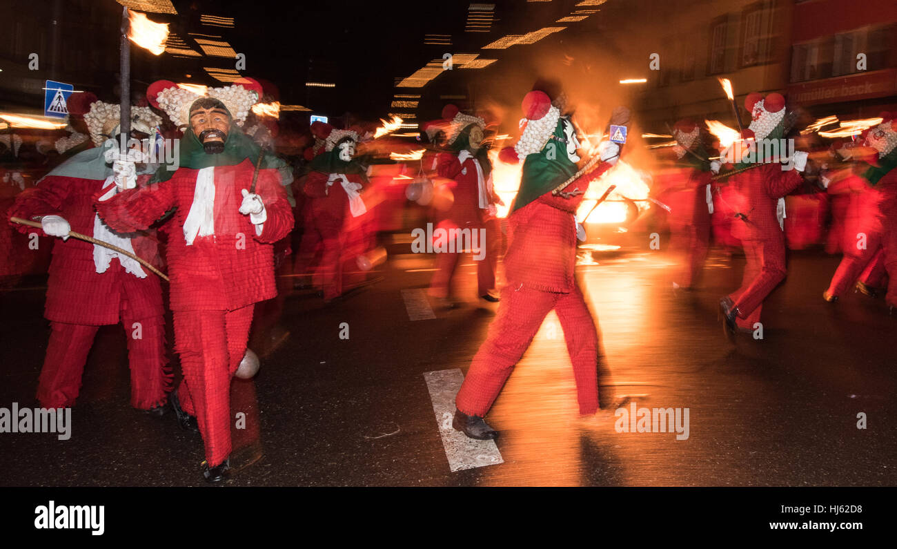 Rottweil, Germany. 21st Jan, 2017. Scenes from the nighttime celebrations of Fool's Day in Rottweil, Germany, 21 January 2017. Around 15,000 people followed the procession according to police sources. Four separate 'guilds' meet every three to four years to celebrate Fool's Day according to established tradition. Photo: Patrick Seeger/dpa/Alamy Live News Stock Photo