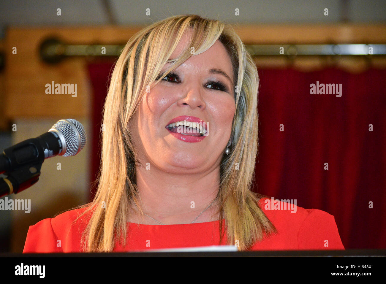 Clonoe, Ireland. 25th Jan, 2017. New Sinn Fein Leader Michelle O'Neill speaks on stage back in her home town of Clonoe for her homecoming event. Credit: Mark Winter/Alamy Live News Stock Photo