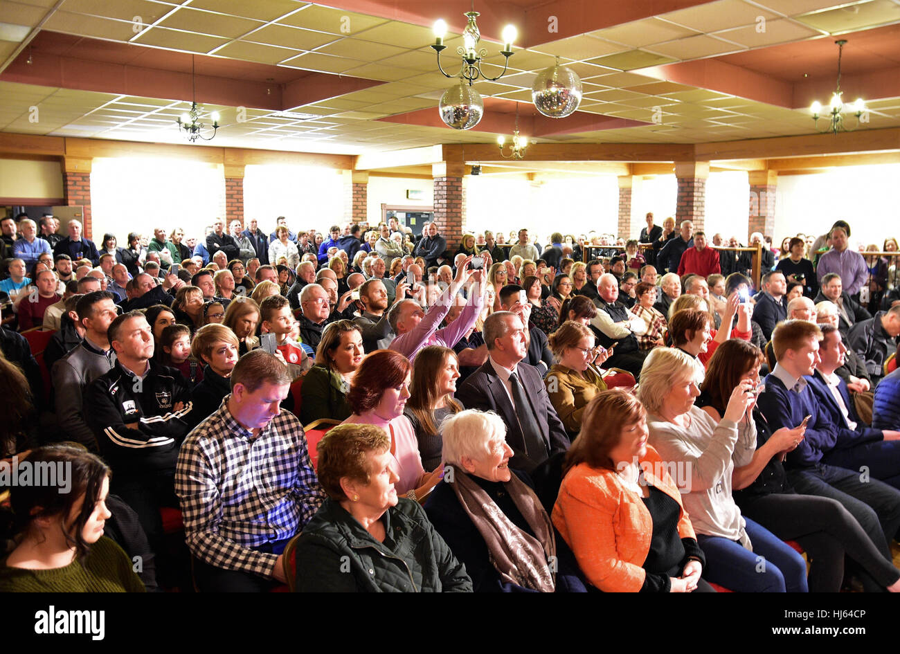 Clonoe, Ireland. 25th Jan, 2017. A Packed out community hall to welcome New Sinn Fein Leader Michelle O'Neill in Clonoe. Credit: Mark Winter/Alamy Live News Stock Photo