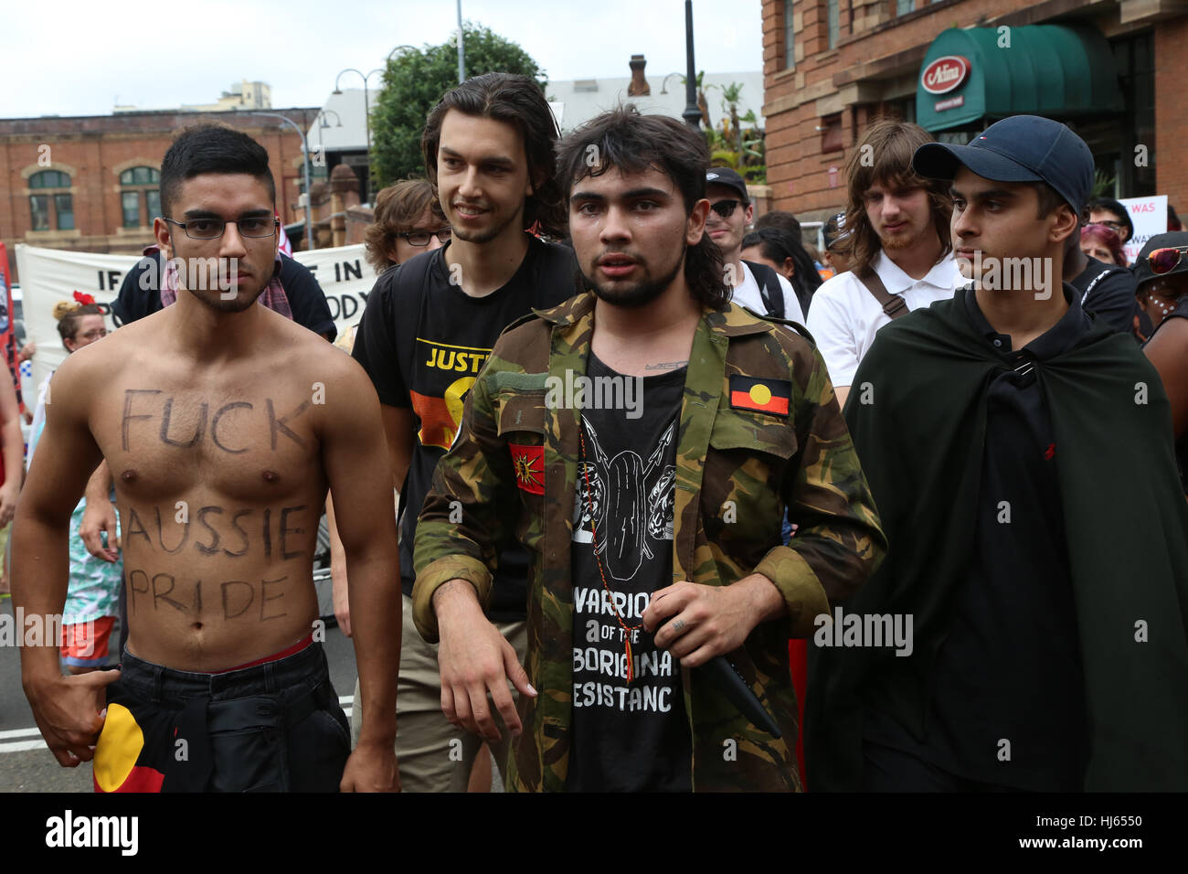 Sydney, Australia. 26 January 2017. 26th January is celebrated as Australia Day, marking the arrival of the First Fleet into Australia. However, many Aboriginal people and others do not think this should be a day of celebration and protest marches are held across the country. In Sydney, protesters marched from The Block in Redfern to the Yabun festival at Victoria Park, Camperdown. Pictured: Birrugan Dunn-Velasco (Warriors of the Aboriginal Resistance). Credit: © Richard Milnes/Alamy Live News Stock Photo