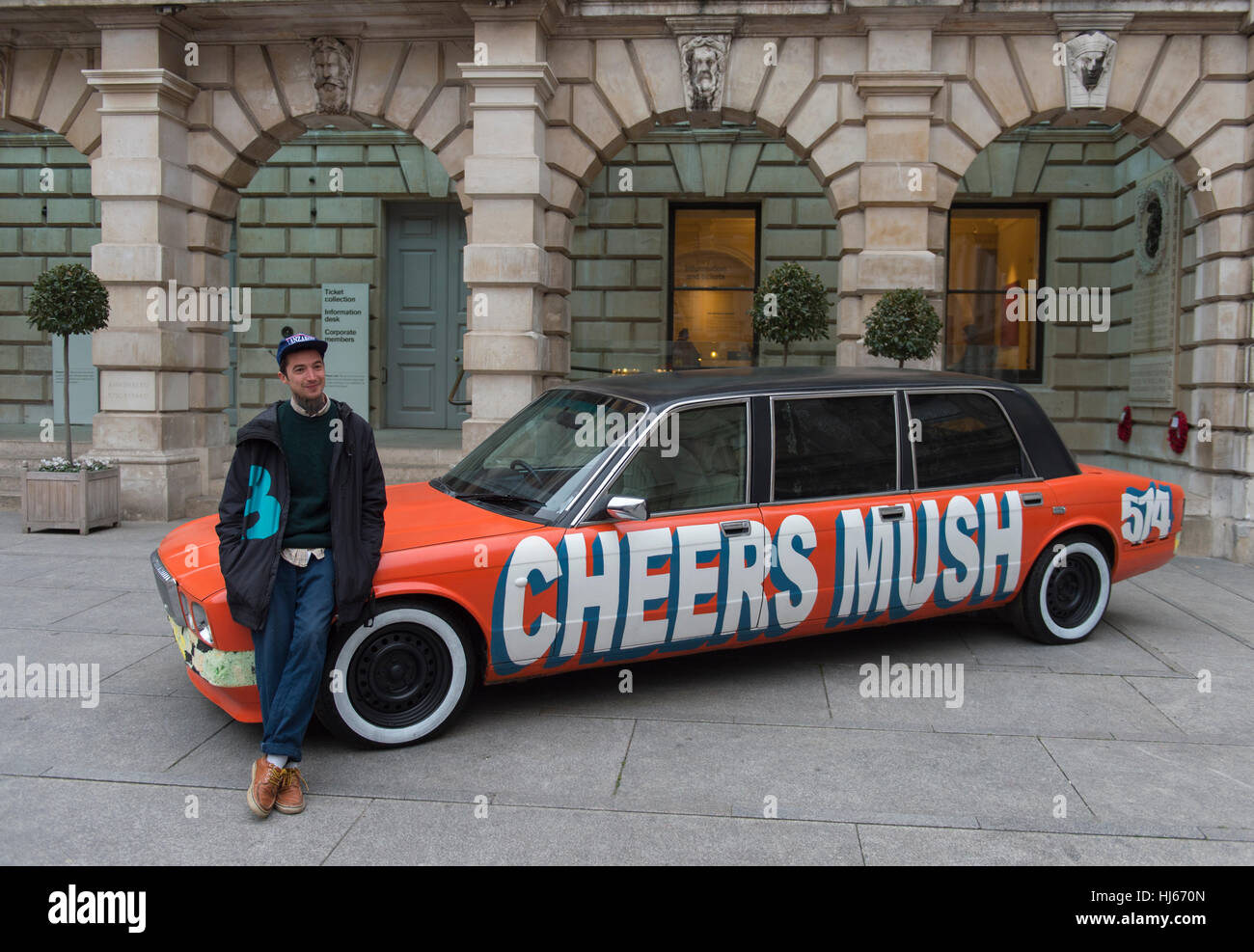Royal Academy, London, UK. 26th January, 2017. Premiums Interim Projects presents an opportunity to view new work by 13 second year students at the interim point of their postgraduate study at the RA Schools, the UK’s longest established art school. Thomas Langley, artist, with Chavy boy - a Daimler xj6 limousine, polyurethane, glass, sound. © Malcolm Park editorial/Alamy Live News. Stock Photo