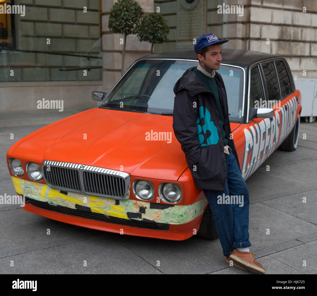 Royal Academy, London, UK. 26th January, 2017. Premiums Interim Projects presents an opportunity to view new work by 13 second year students at the interim point of their postgraduate study at the RA Schools, the UK’s longest established art school. Thomas Langley, artist, with Chavy boy - a Daimler xj6 limousine, polyurethane, glass, sound. © Malcolm Park editorial/Alamy Live News. Stock Photo
