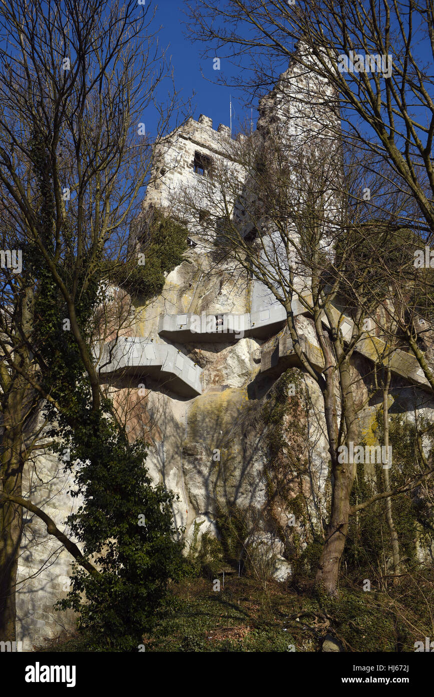 Anchors in concrete prevent the rocks from slipping below the bergfried