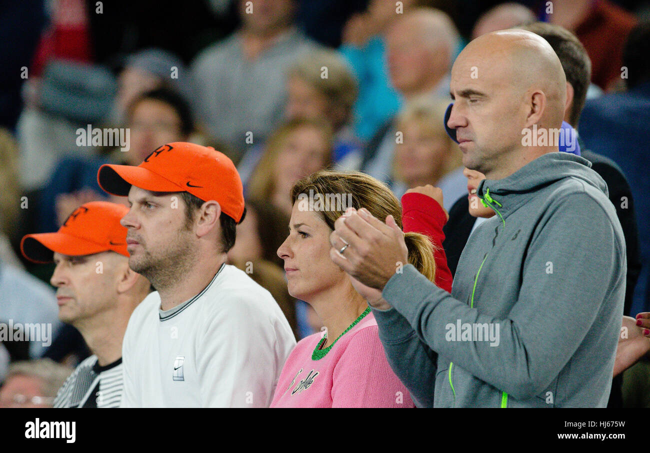 Melbourne, Australia. 26th January 2017: Mirka Federer watches the semifinal match between Roger Federer of Switzerland and Stan Wawrinka of Switzerland on day 11 of the 2017 Australian Open at Melbourne Park. Credit: Frank Molter/Alamy Live News Stock Photo