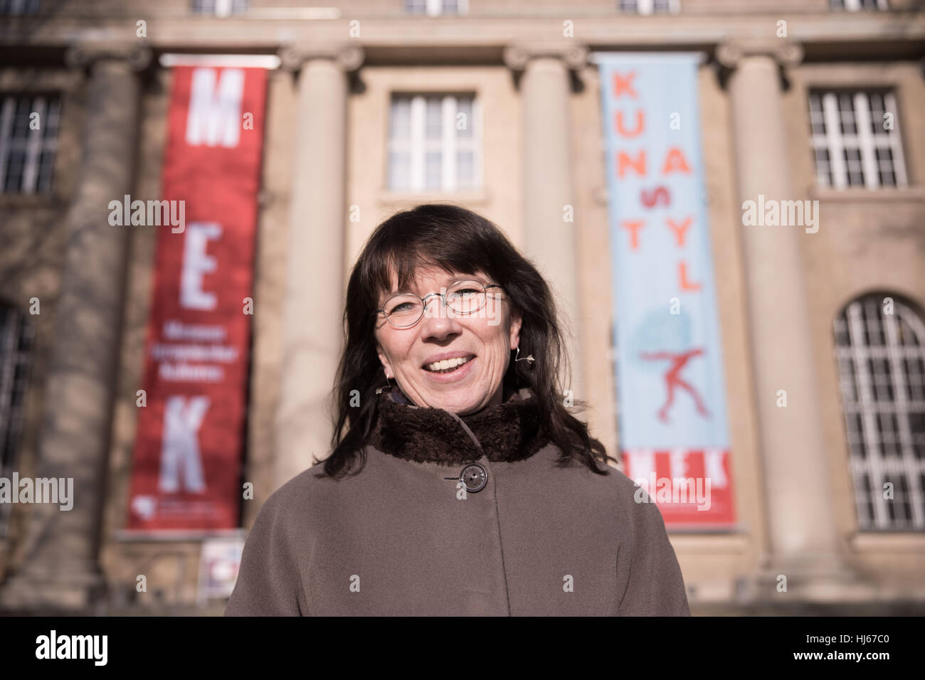 Berlin, Germany. 26th Jan, 2017. Elisabeth Tietmeyer, Director of the Museum of European Cultures (MEK), stands outside the entrance to the museum in Berlin, Germany, 26 January 2017. The museum received a new appearance. Photo: Jörg Carstensen/dpa/Alamy Live News Stock Photo