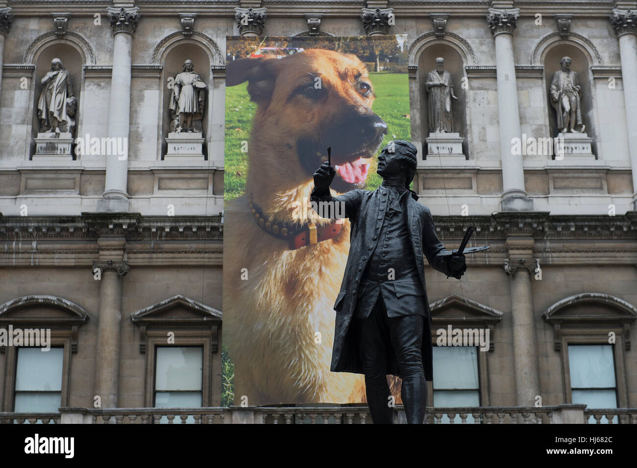 Royal Academy, London, UK. 26th January, 2017. Premiums Interim Projects presents an opportunity to view new work by 13 second year students at the interim point of their postgraduate study at the RA Schools, the UK’s longest established art school. German Shepherd for Burlington House (Artist Gina Fischli) exhibited outside the RA. © Malcolm Park editorial/Alamy Live News. Stock Photo