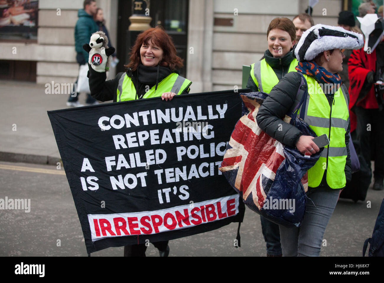 London, UK. 26th January, 2017. Animal rights campaigners march in remembrance of 10,866 badgers killed in the UK during the 2016 season. Credit: Mark Kerrison/Alamy Live News Stock Photo