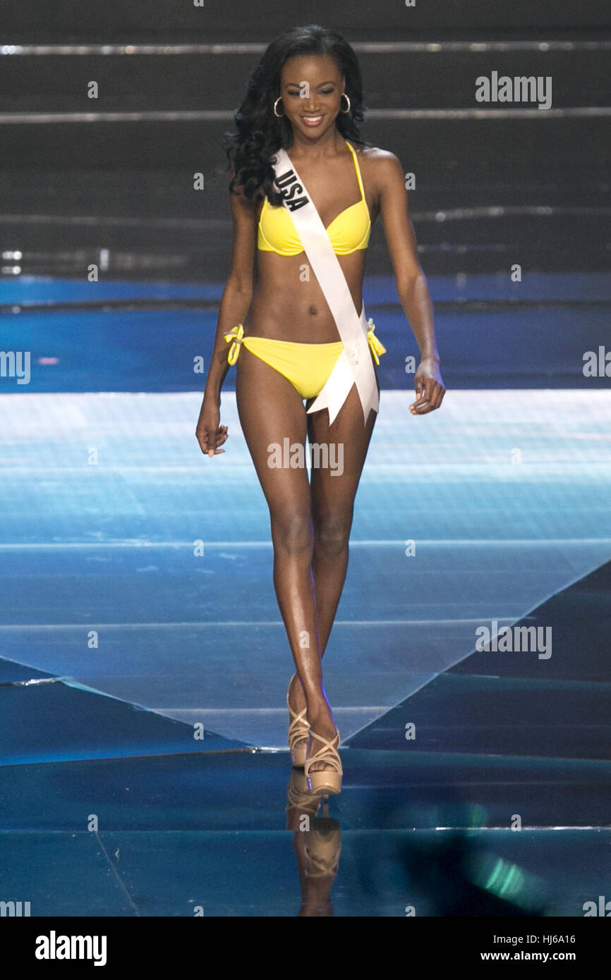 Miss Universe contestant DESHAUNA BARBER of the USA walks on her swimsuit  during the preliminary competition of the Miss Universe pageant at the Mall  of Asia arena. A total of 86 contestants
