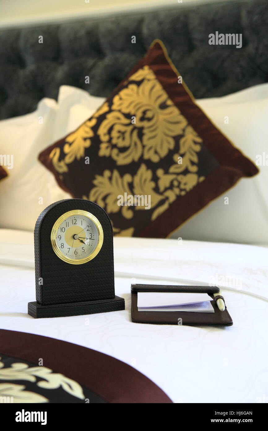 room, bed, clock, date, time, time indication, hotel, pad, alarm, call, Stock Photo