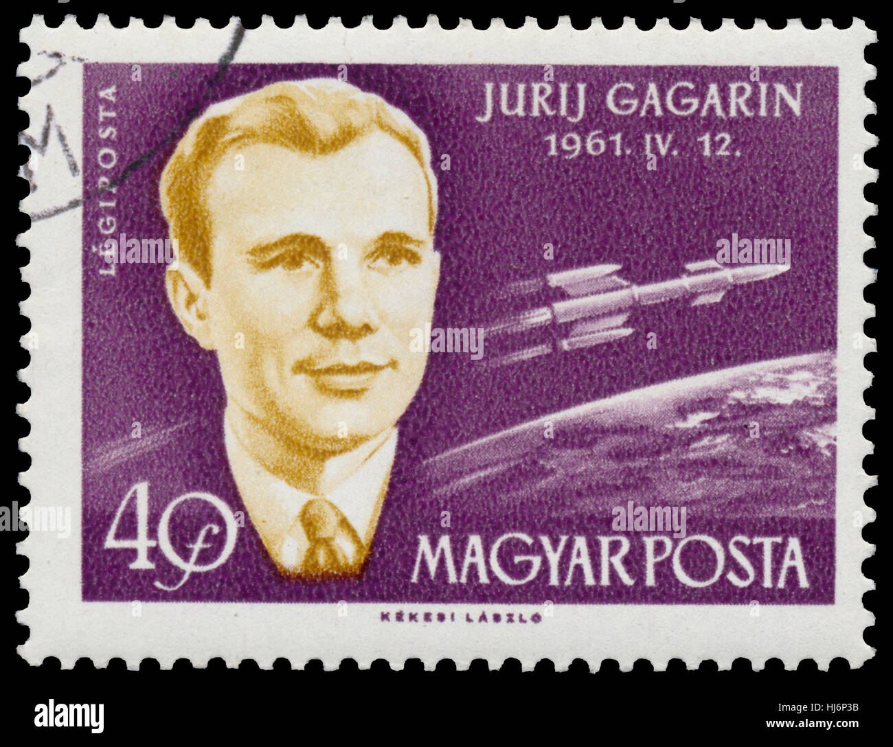 BUDAPEST, HUNGARY - 14 december 2016:  A stamp printed in Hungary shows soviet cosmonaut Yuri Gagarin and spacecraft Vostok; astronauts series circa 1 Stock Photo