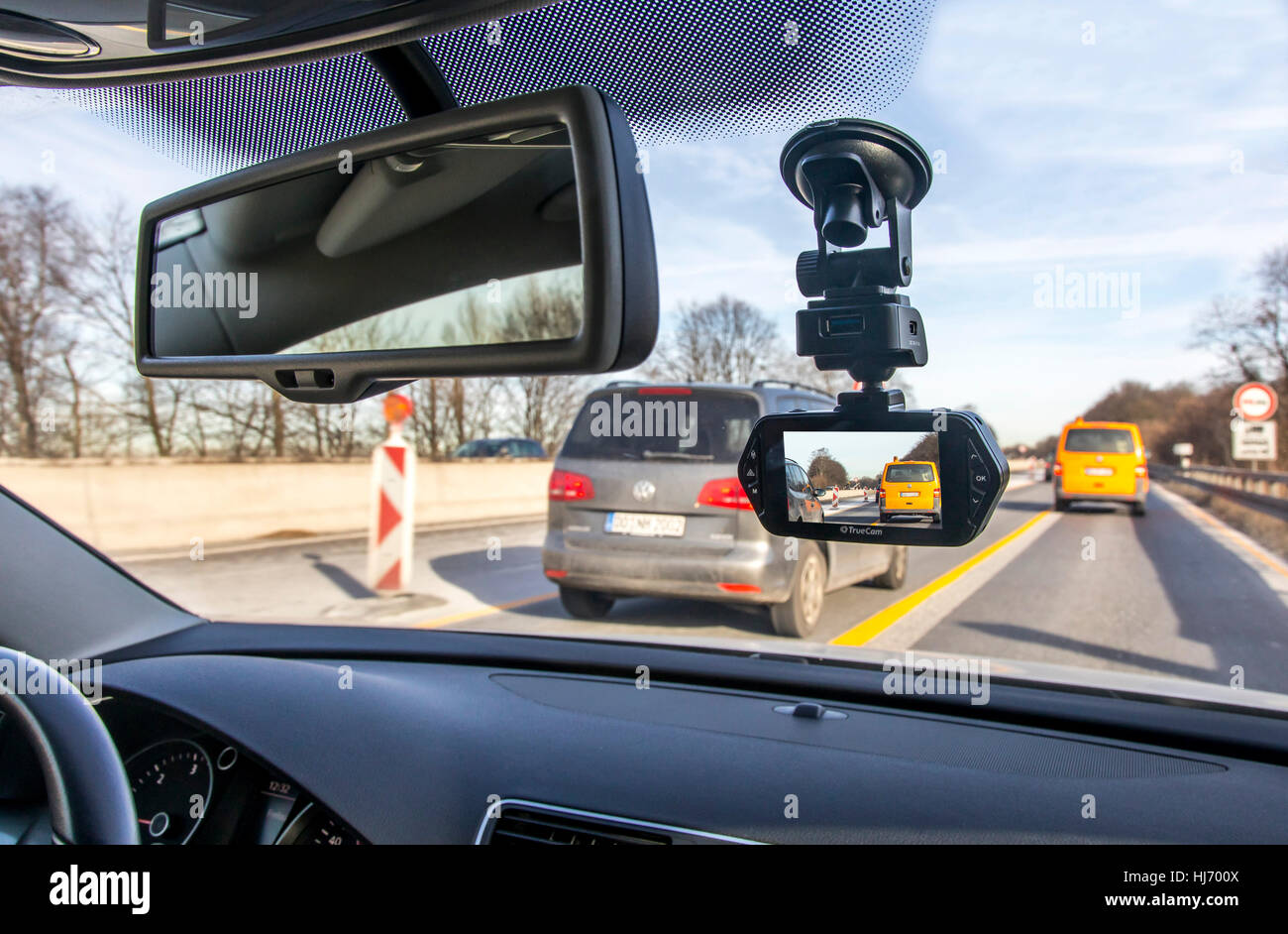 Dashcam in a passenger car, video camera on the windshield, permanently