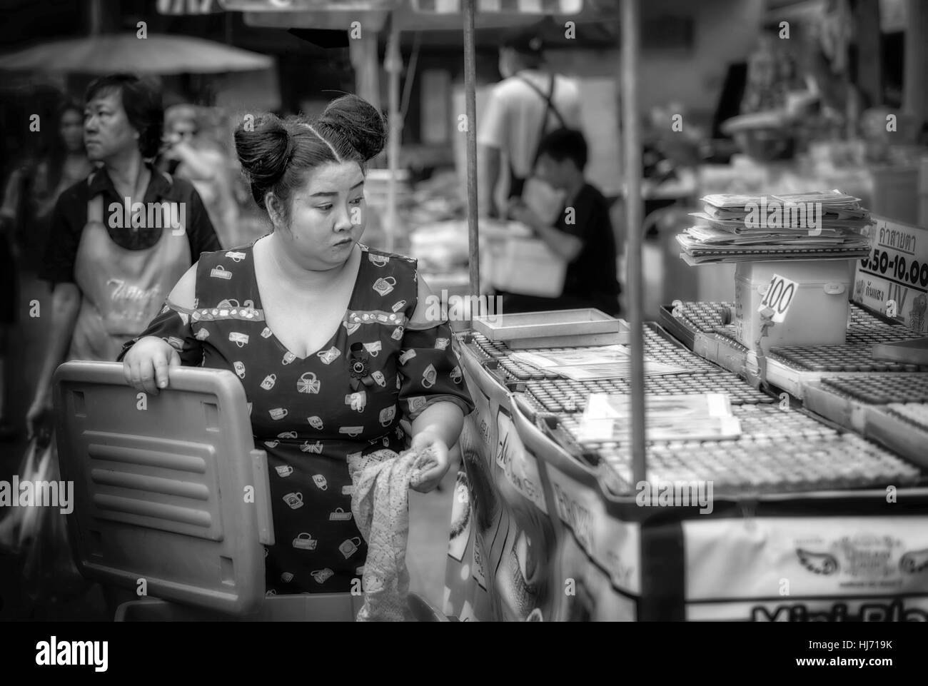 Chinese hair style. Woman, Asian female, Thailand, Southeast Asia.  Black and white photography Stock Photo