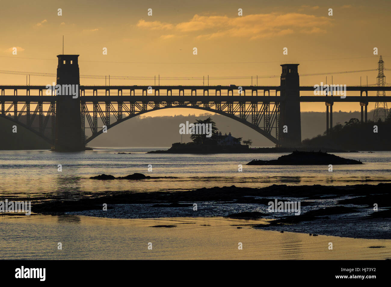 Britannia bridge Anglesey North Wales Uk landscape. night scene