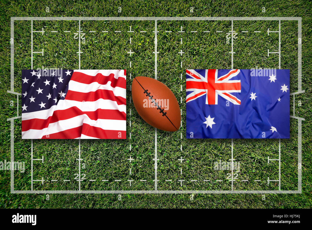 USA vs. Australia flags on green rugby field Stock Photo - Alamy