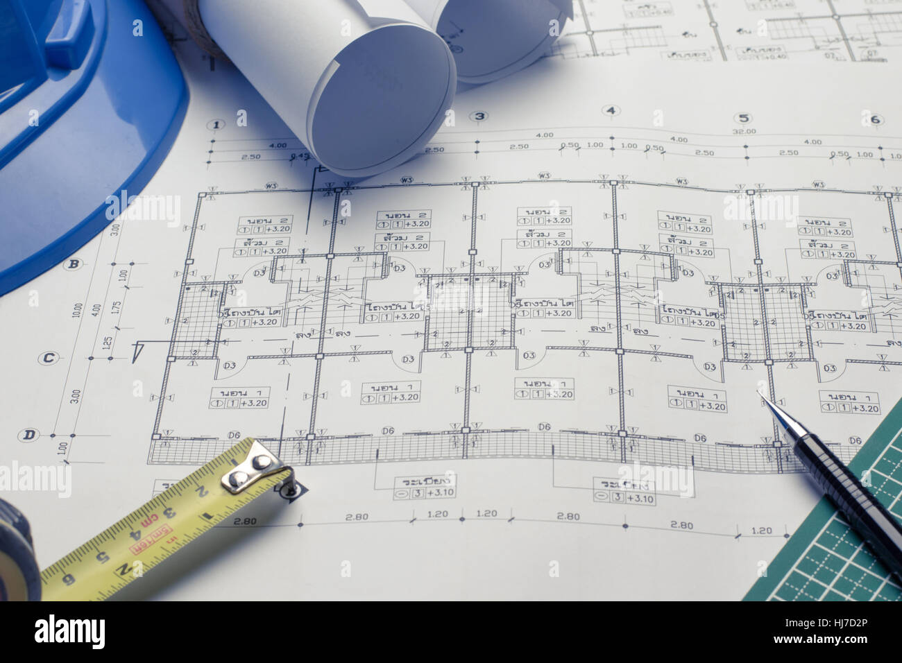 architectural plans project drawing with blueprints rolls Stock Photo ...