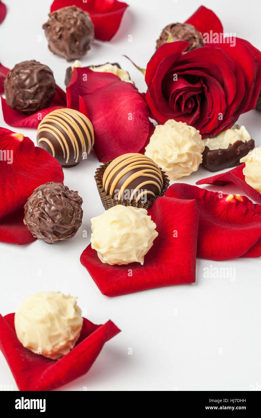 Image of delicious handmade chocolates and rose Stock Photo