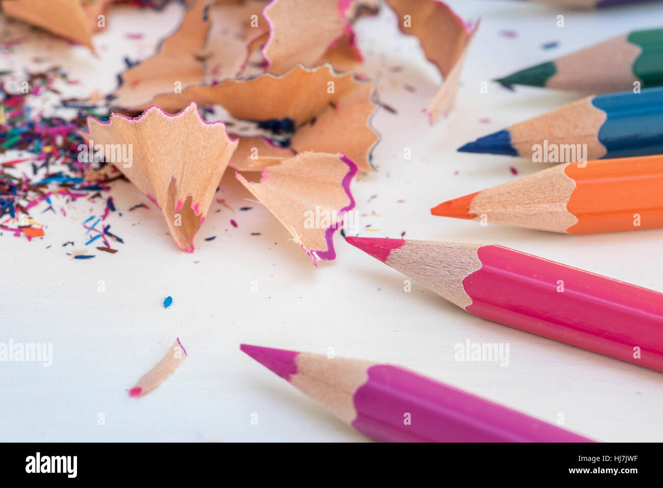 Pencils.  close up of coloring pencils and shavings Stock Photo