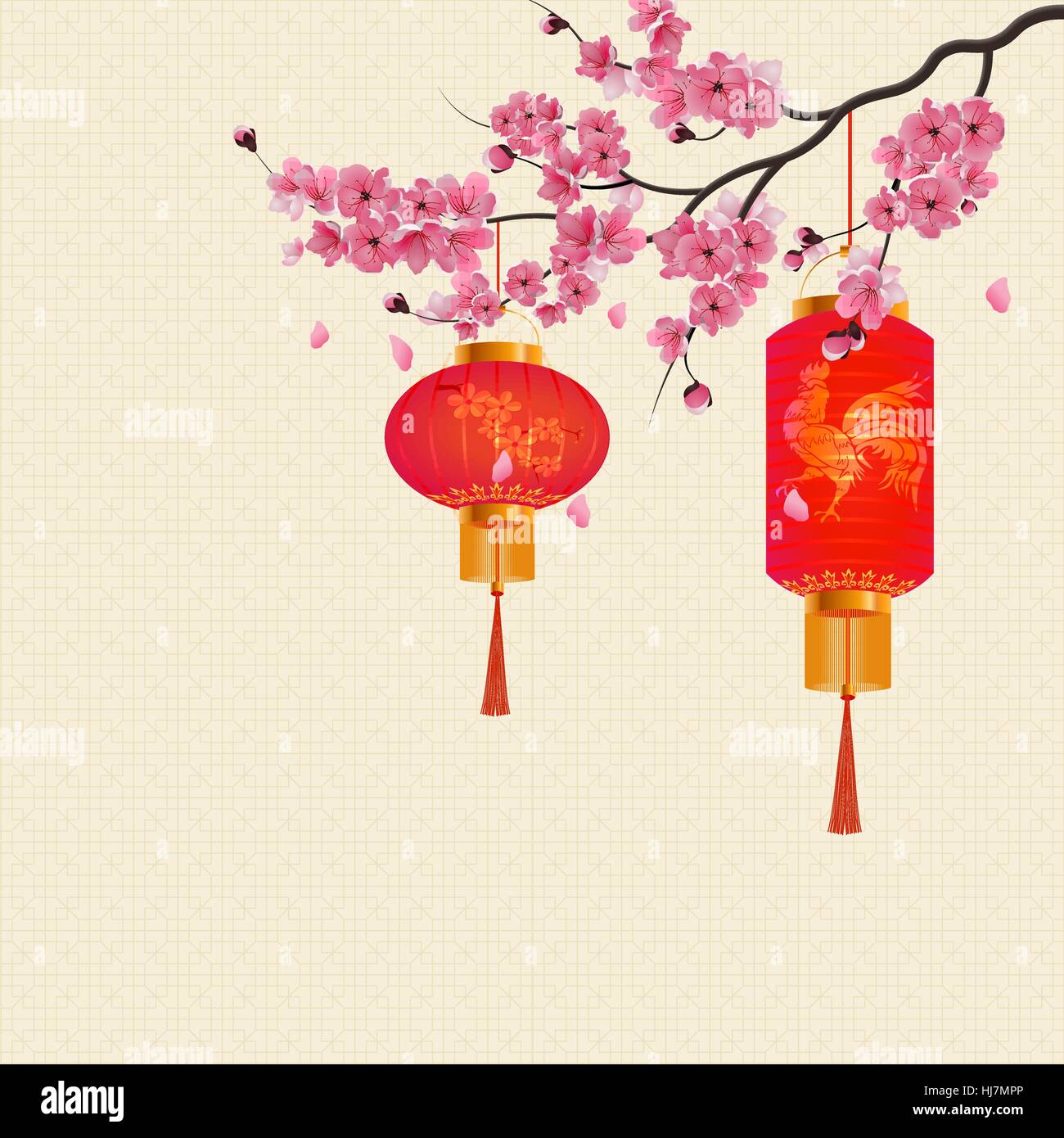 Two red Chinese lanterns on a branch of cherry blossoms with purple ...