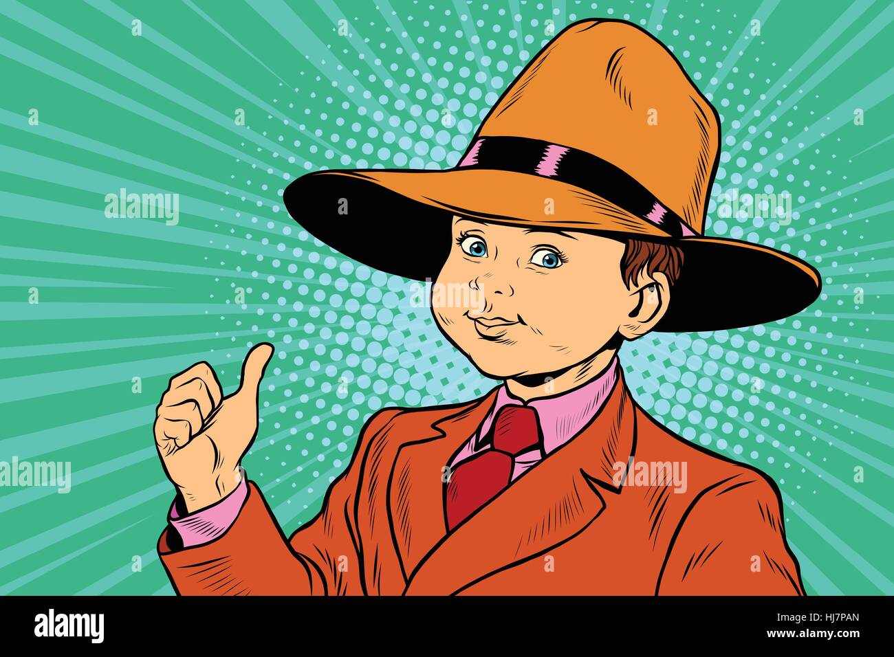 thumb up boy in a big hat Stock Vector