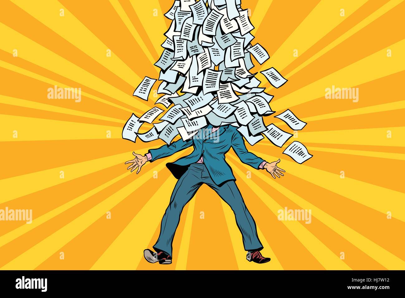 businessman and bureaucracy, a mountain of paperwork Stock Vector