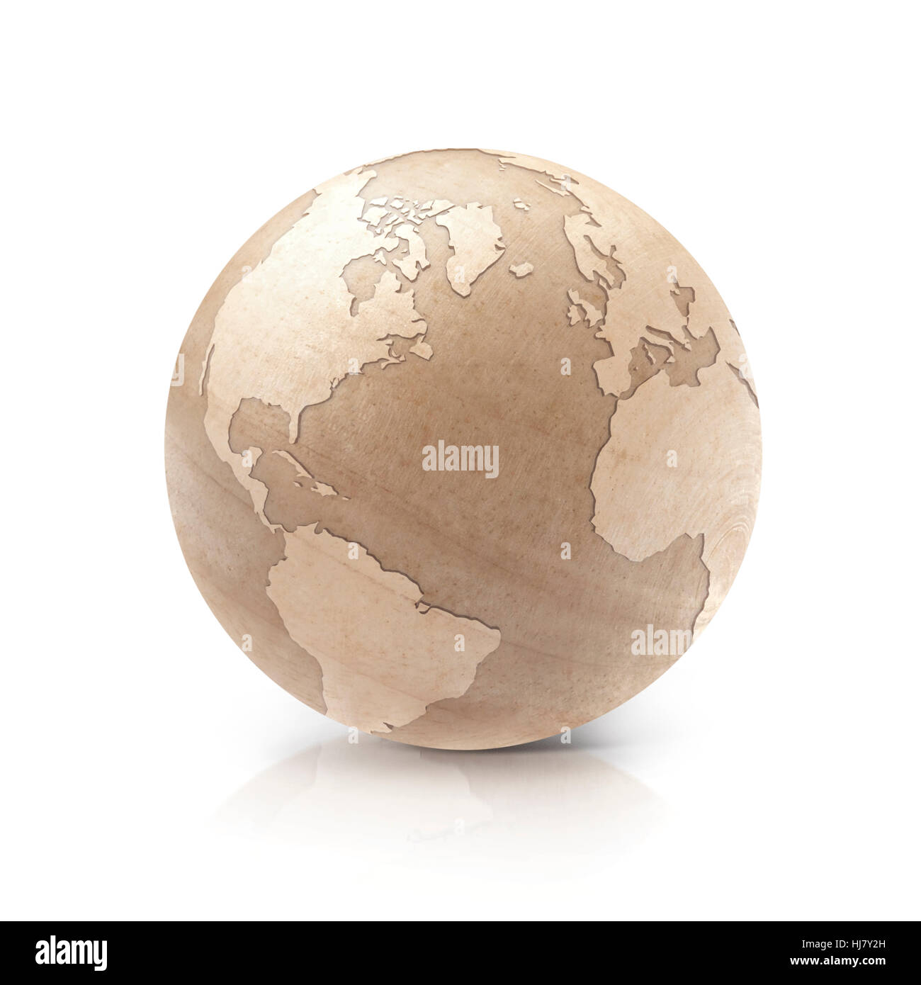 Wood globe 3D illustration North and South America map on white background Stock Photo