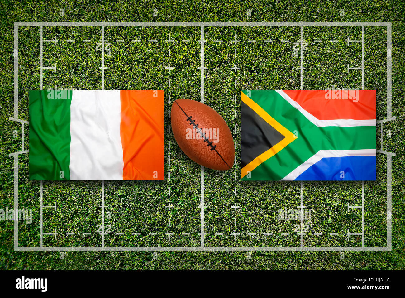 Ireland vs. South Africa flags on green rugby field Stock Photo Alamy