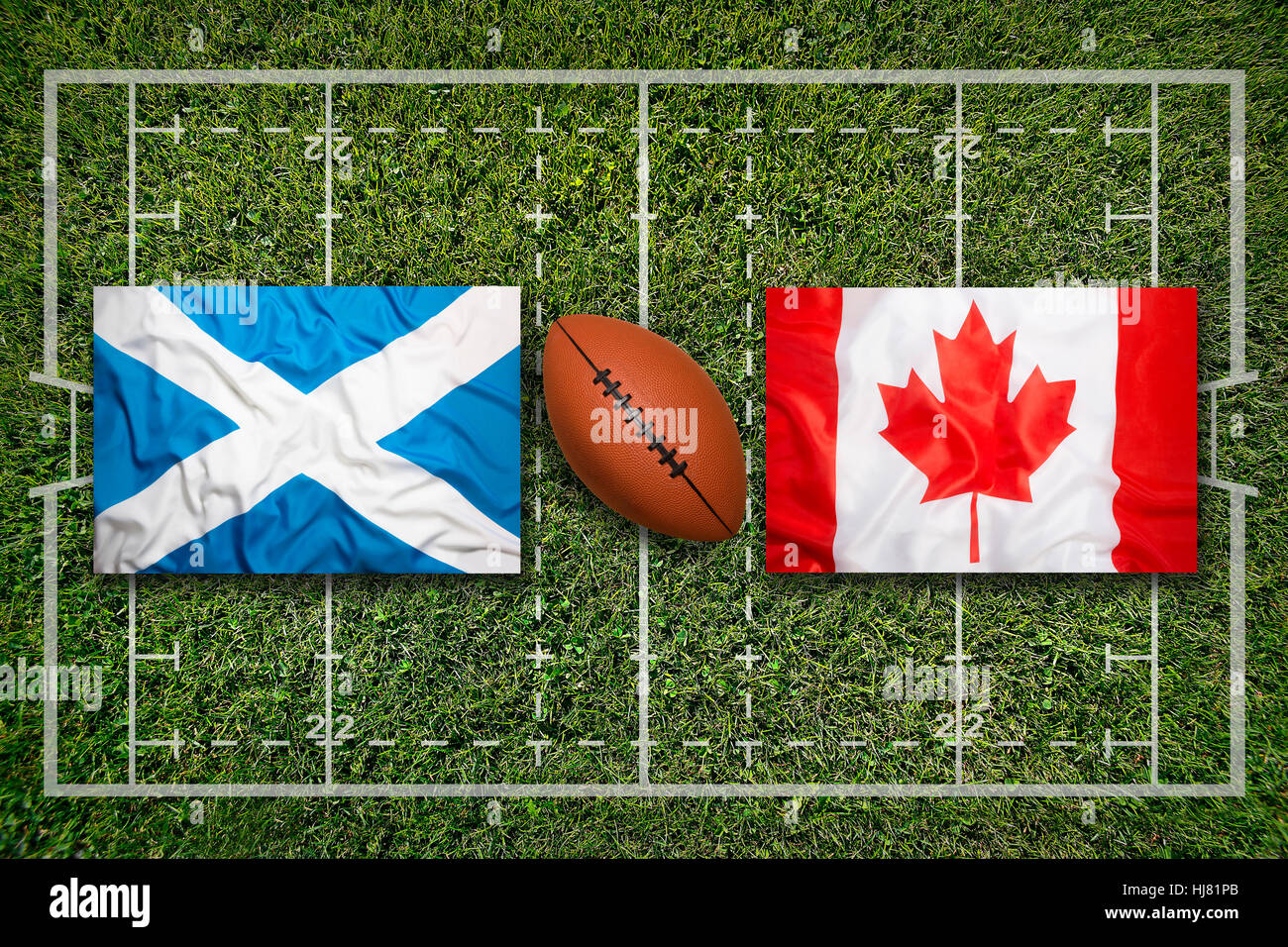 Scotland vs. Canada flags on green rugby field Stock Photo Alamy