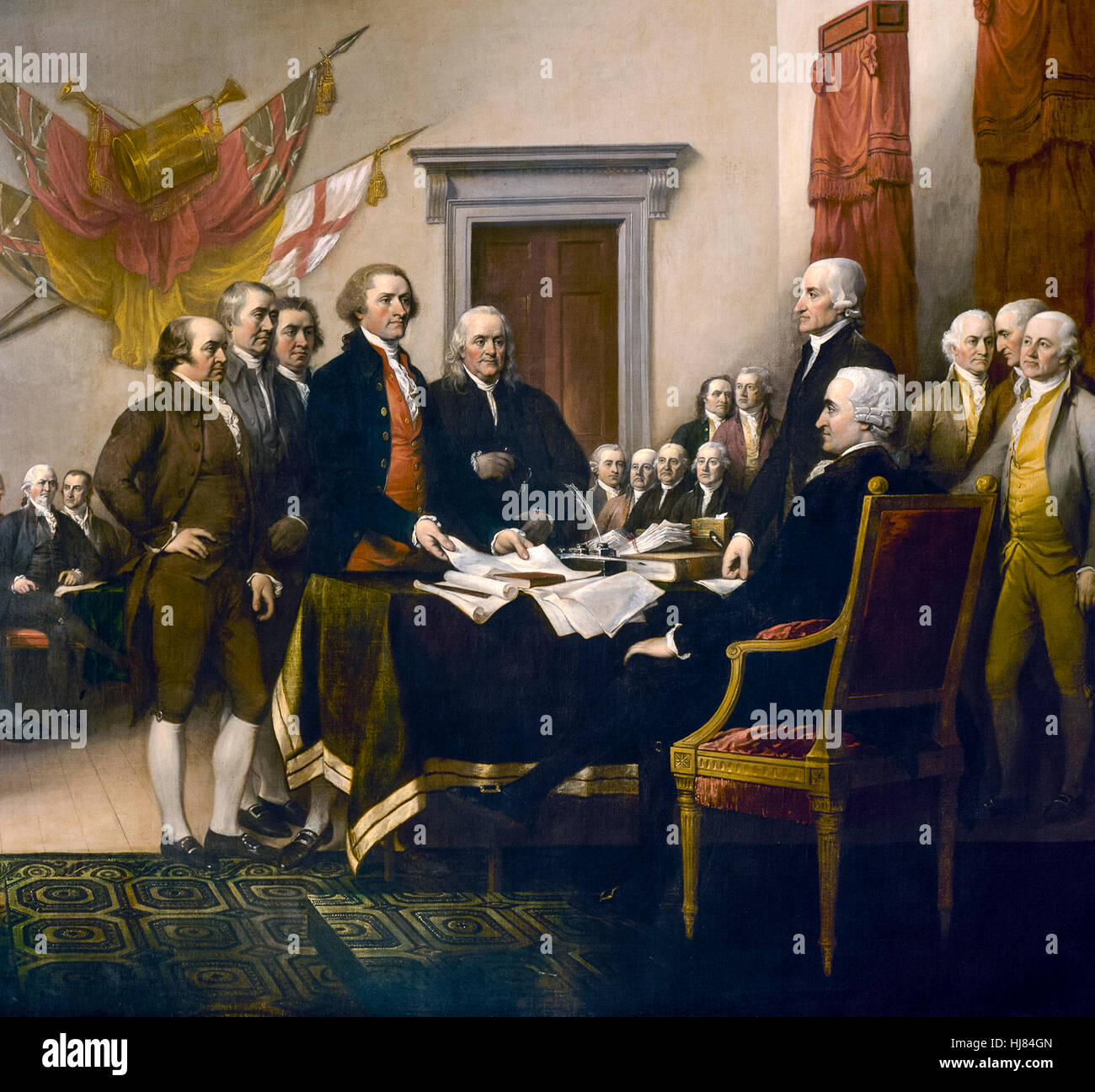 The Committee of Five of the Second Continental Congress (from left to right John Adams, Roger Sherman, Robert R. Livingston, Thomas Jefferson and Benjamin Franklin) from ‘Declaration of Independence’, 1817 oil painting by John Trumbull (1756-1843). See description for more information. Stock Photo