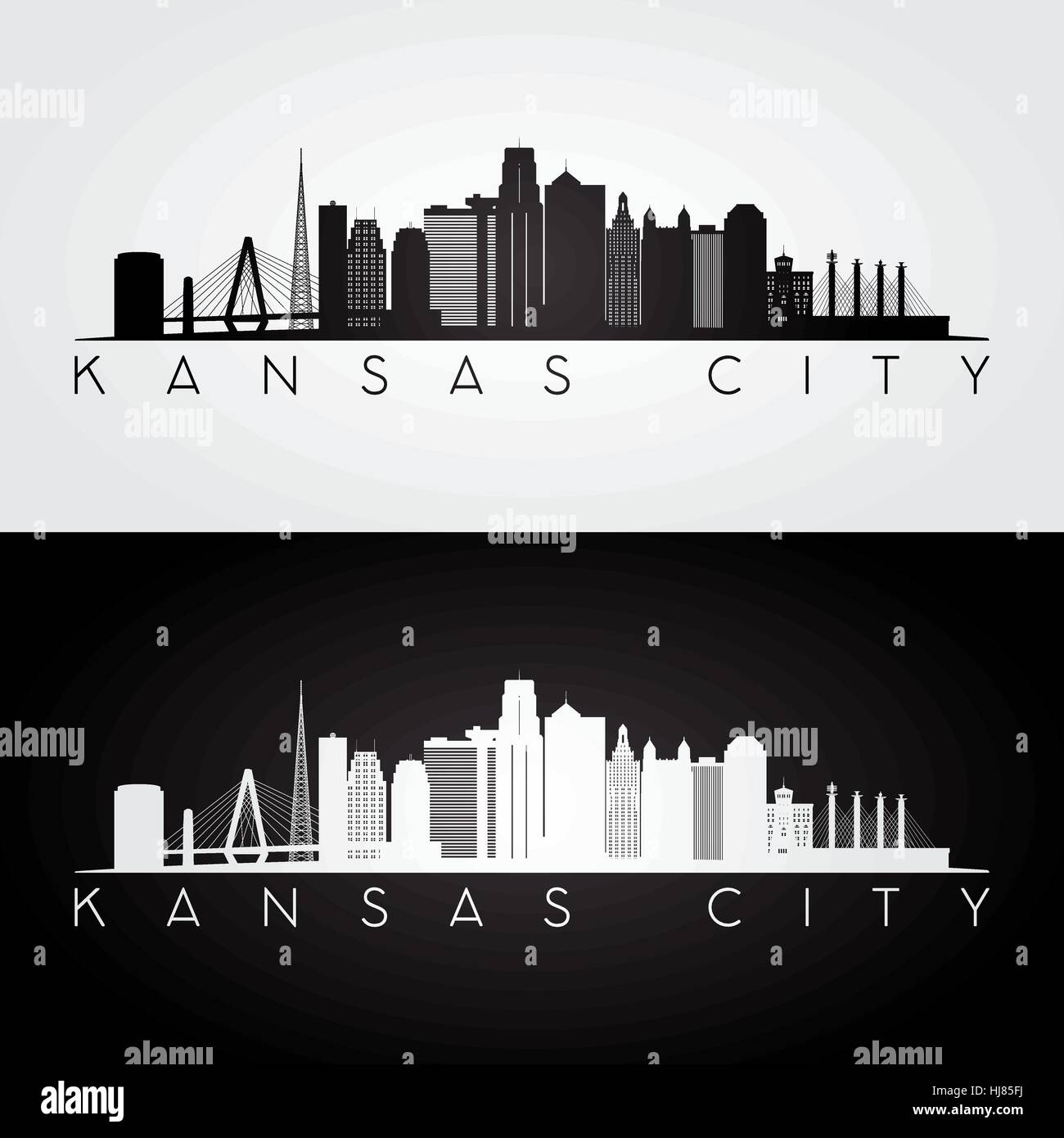 Kansas City USA skyline and landmarks silhouette, black and white