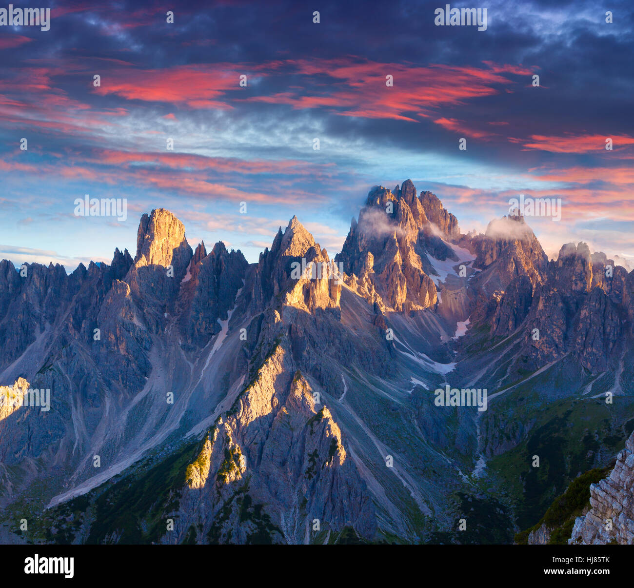Colorful summer sunrise in Italy Alps, Tre Cime Di Lavaredo, Dolomites, Europe. Stock Photo