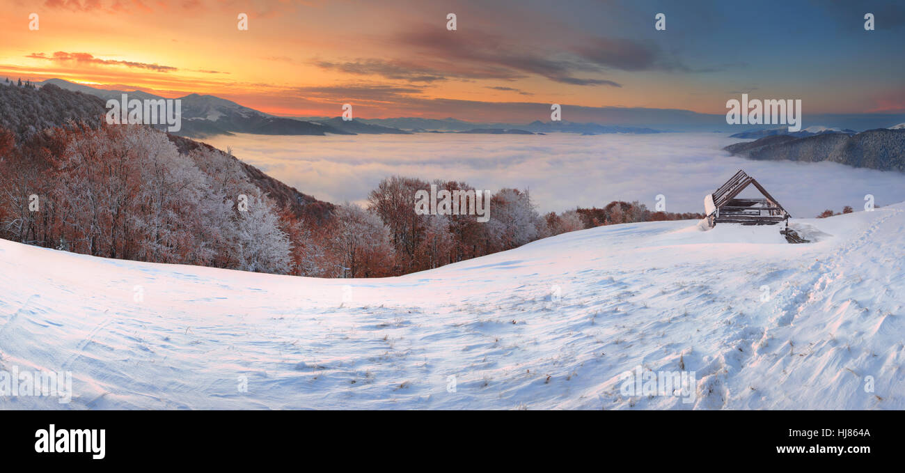 Beautiful winter landscape in the Carpathian mountains.Sunrise. Stock Photo