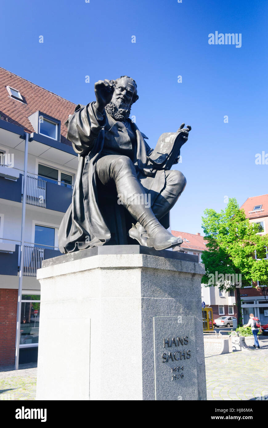 Nürnberg, Nuremberg: Old town; Hans Sachs - Monument, Mittelfranken, Middle Franconia, Bayern, Bavaria, Germany Stock Photo