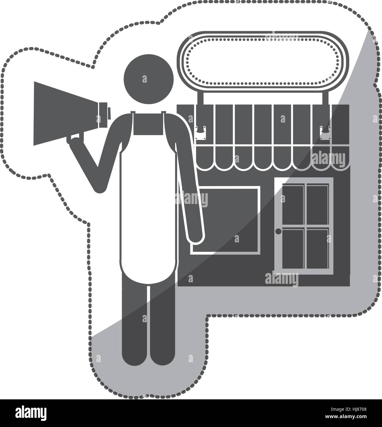 silhouette sticker shopkeeper with megaphone in store vector