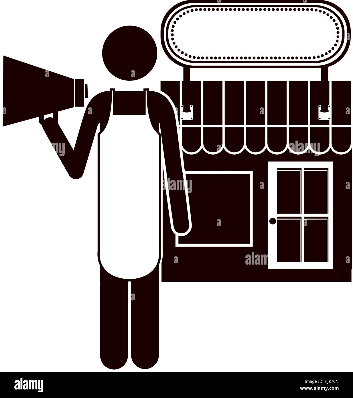 black silhouette shopkeeper with megaphone in store vector illustration