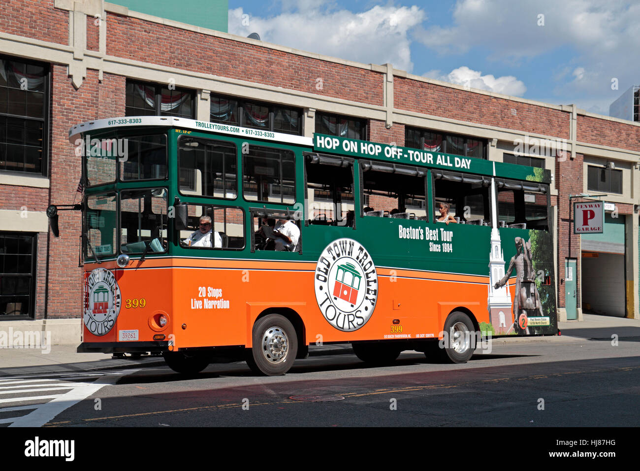 An Old Town Trolley Tours trolley bus outside Fenway Park, home of the Boston Red Sox, Boston, MA, United States. Stock Photo