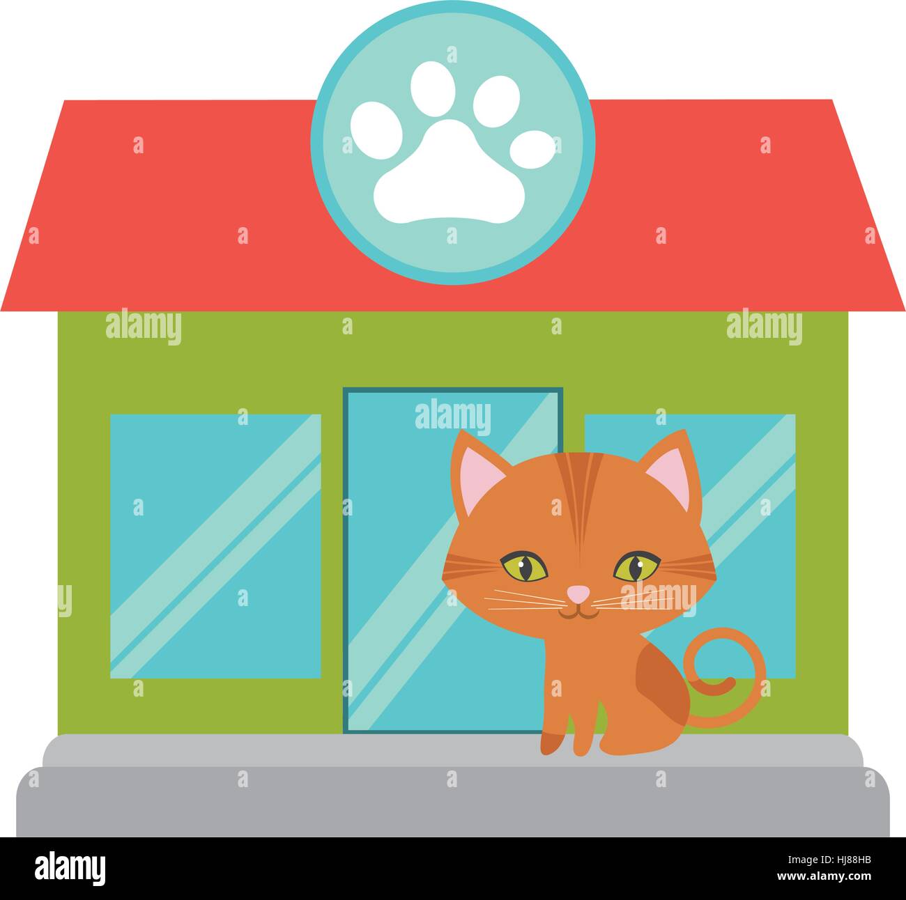 orange cat green eyes pet shop facade paw print vector illustration eps