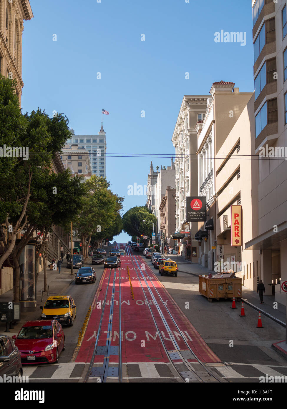 Cable car tracks in the middle of San Francisco street Stock Photo