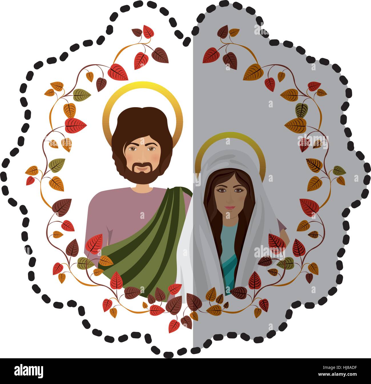sticker ornament with leaves and half body picture colorful virgin mary and saint joseph vector illustration Stock Vector