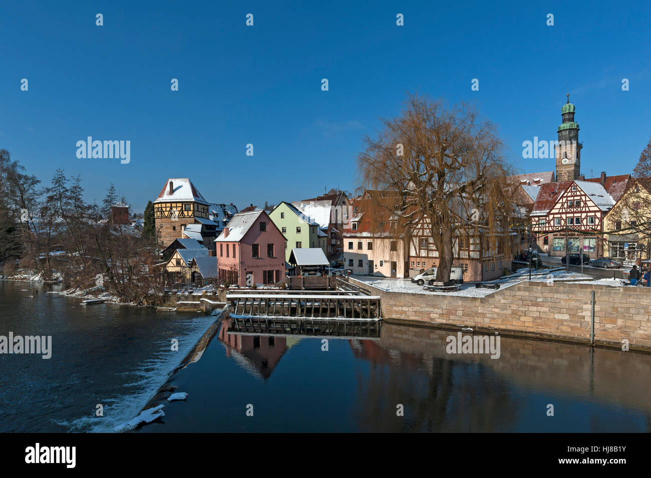 City scape with river and old grinding mill, Lauf an der Pegnitz, Middle Franconia, Bavaria, Germany Stock Photo