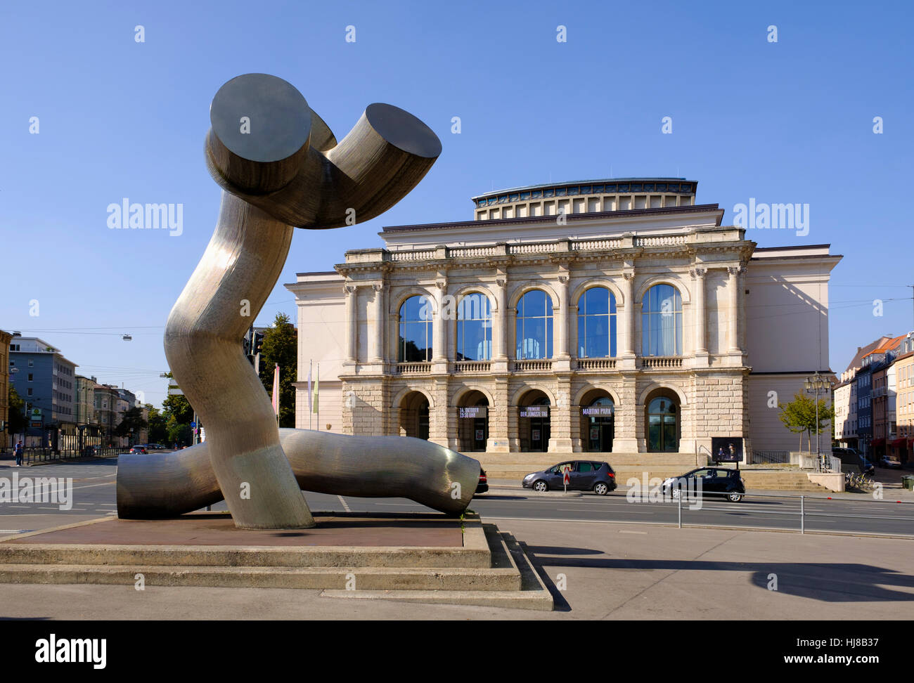 Theater Augsburg and Sculpture Ostern, Kennedy Square, Augsburg, Swabia, Bavaria, Germany Stock Photo