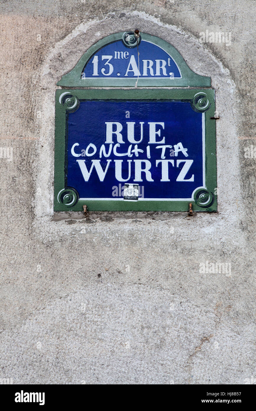 Painted streetsign Rue Wurtz, Conchita Wurst, Paris, France Stock Photo