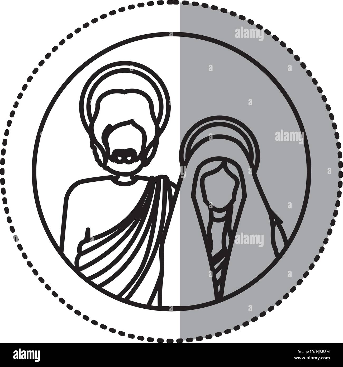 circular sticker with silhouette half body virgin mary and saint joseph ...